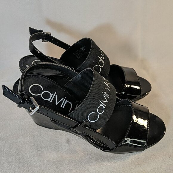 Calvin Klein BETHAN Black Strap Logo Heels 7.5 Black Wedge Patent 34E09131 Sling - Picture 5 of 12